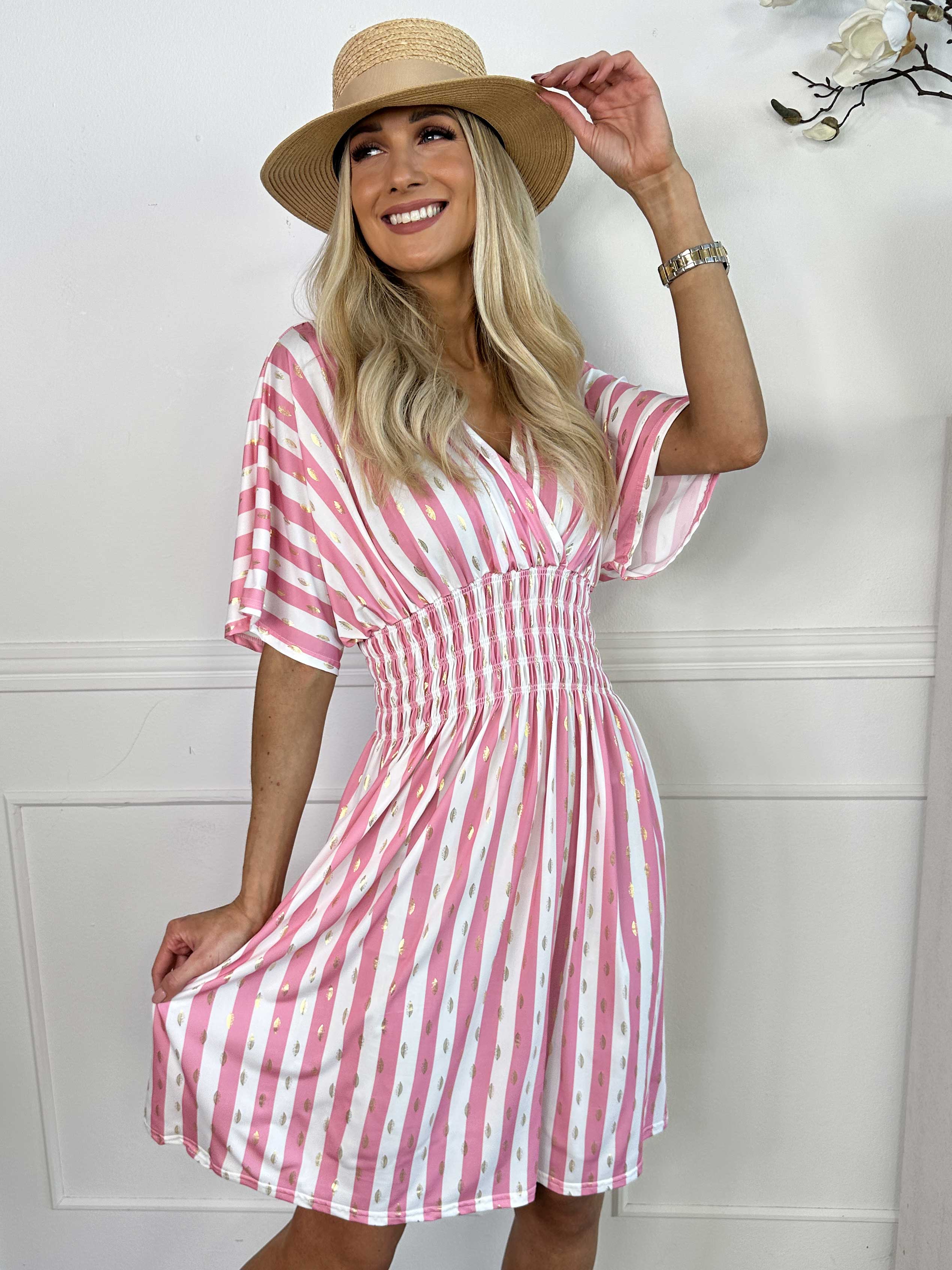 Pams Stripe Short - Randig klänning med resår och gulddetaljer